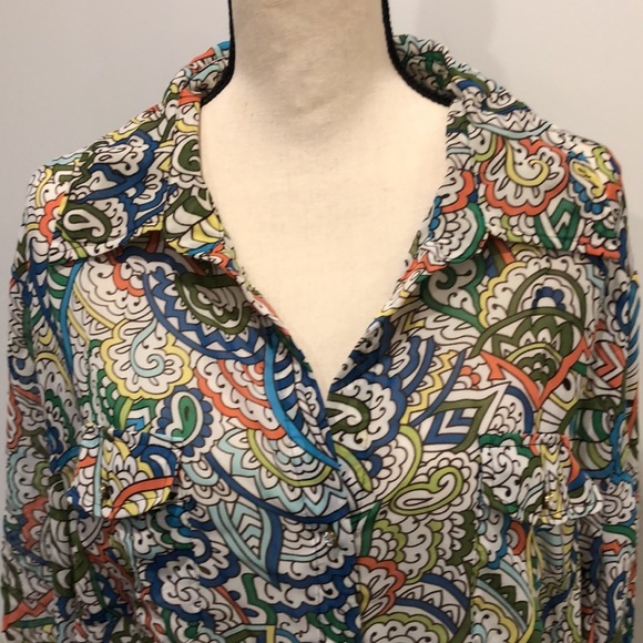 Sunny Leigh colourful button down shirt diamond buttons 3X Vneck roll up sleeves - Picture 3 of 11